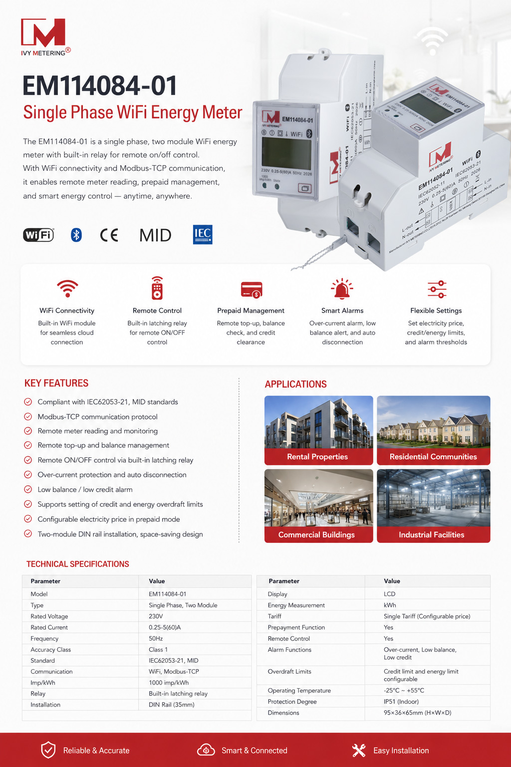 EM114084-01 60A WIFI Smart Prepaid energy meter with TCP transport protocols